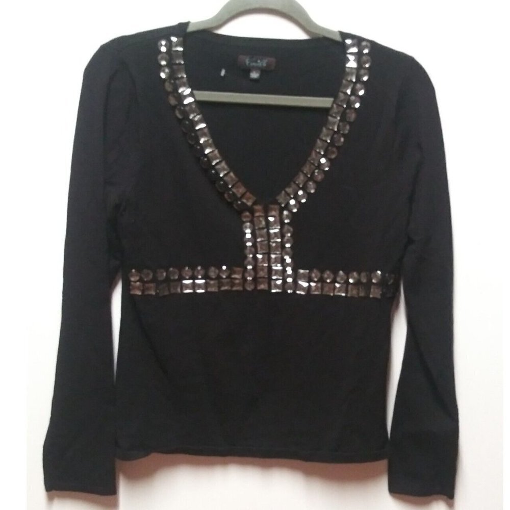Camille La Vie Sweater Top Rhinestones Embellished Black Sz L PARTY COCKTAIL L/S